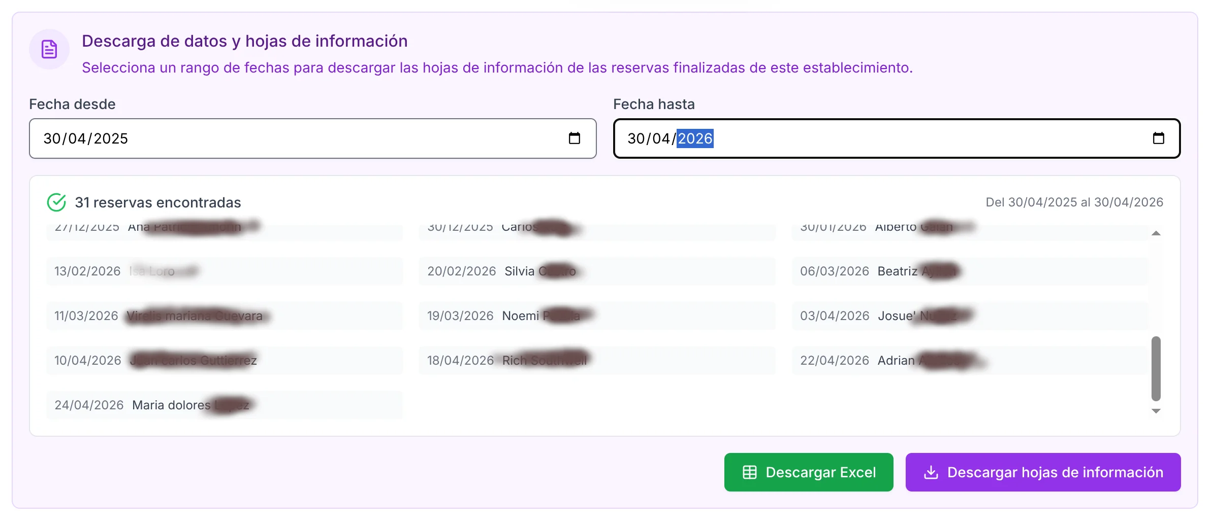 Listado de partes de viajeros enviados y aceptados por SES.hospedajes en el panel de Partes de Viajeros