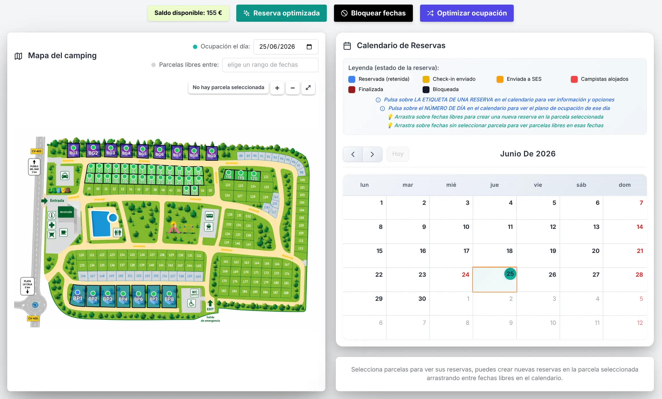 Panel de AutoSES con el mapa de parcelas del camping y el calendario de reservas, configurable desde foto de satélite o croquis propio
